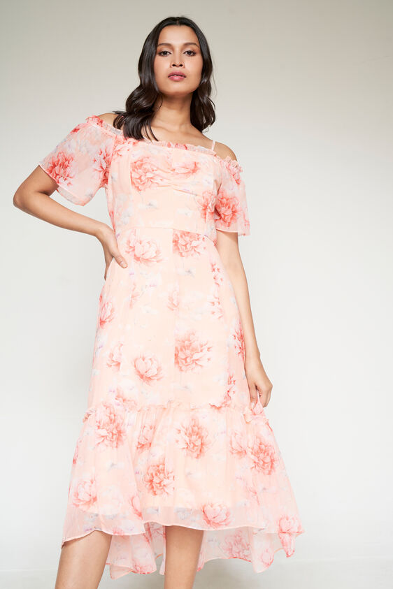 Peach And Orange Floral High-Low Gown, Peach, image 1